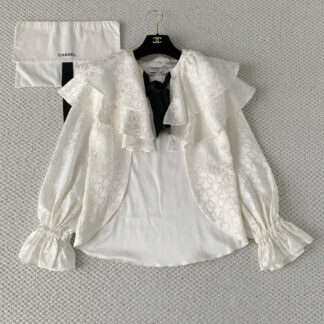 Chanel 25K Silk Ivory Double-C Jacquard Double Ruffle Cape Coat