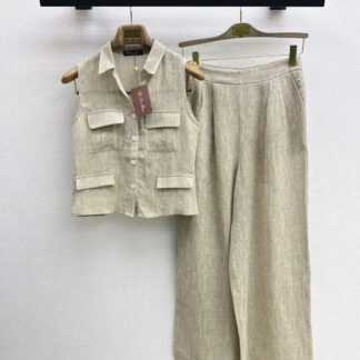 LSs Spring Summer Chic Linen Sleeveless Top + Wide-Leg Pants Set (Blue)