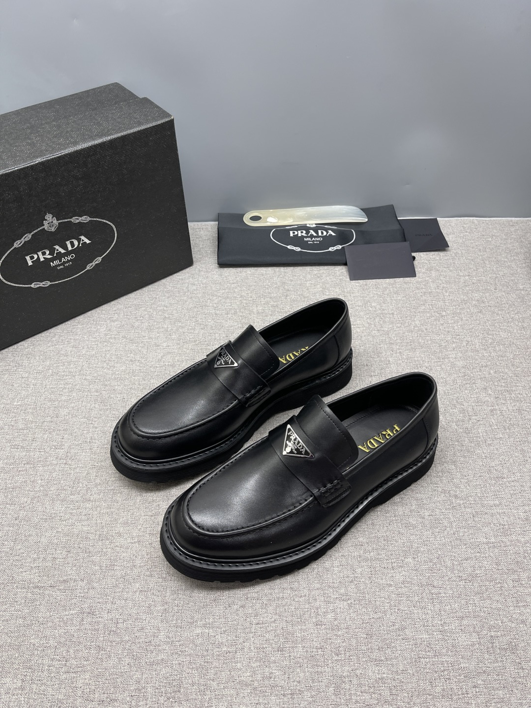 Prada Triangle Metal Logo Leather Derby Shoes For Men - Image 3