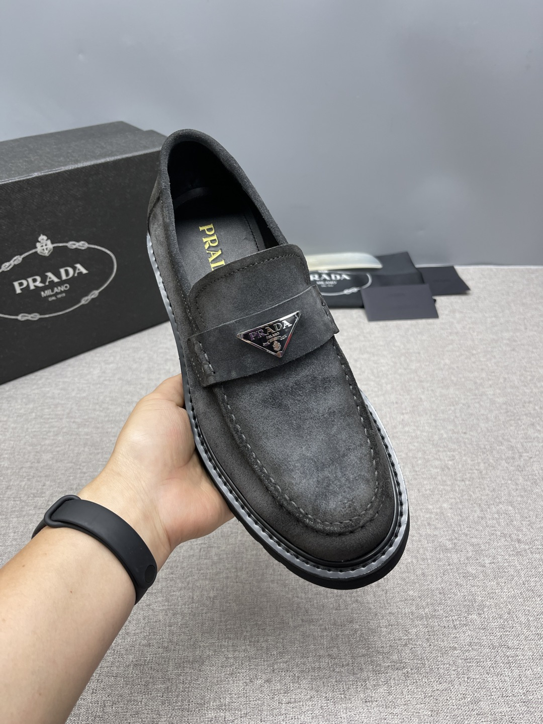 Prada Triangle Metal Logo Leather Derby Shoes For Men - Image 8