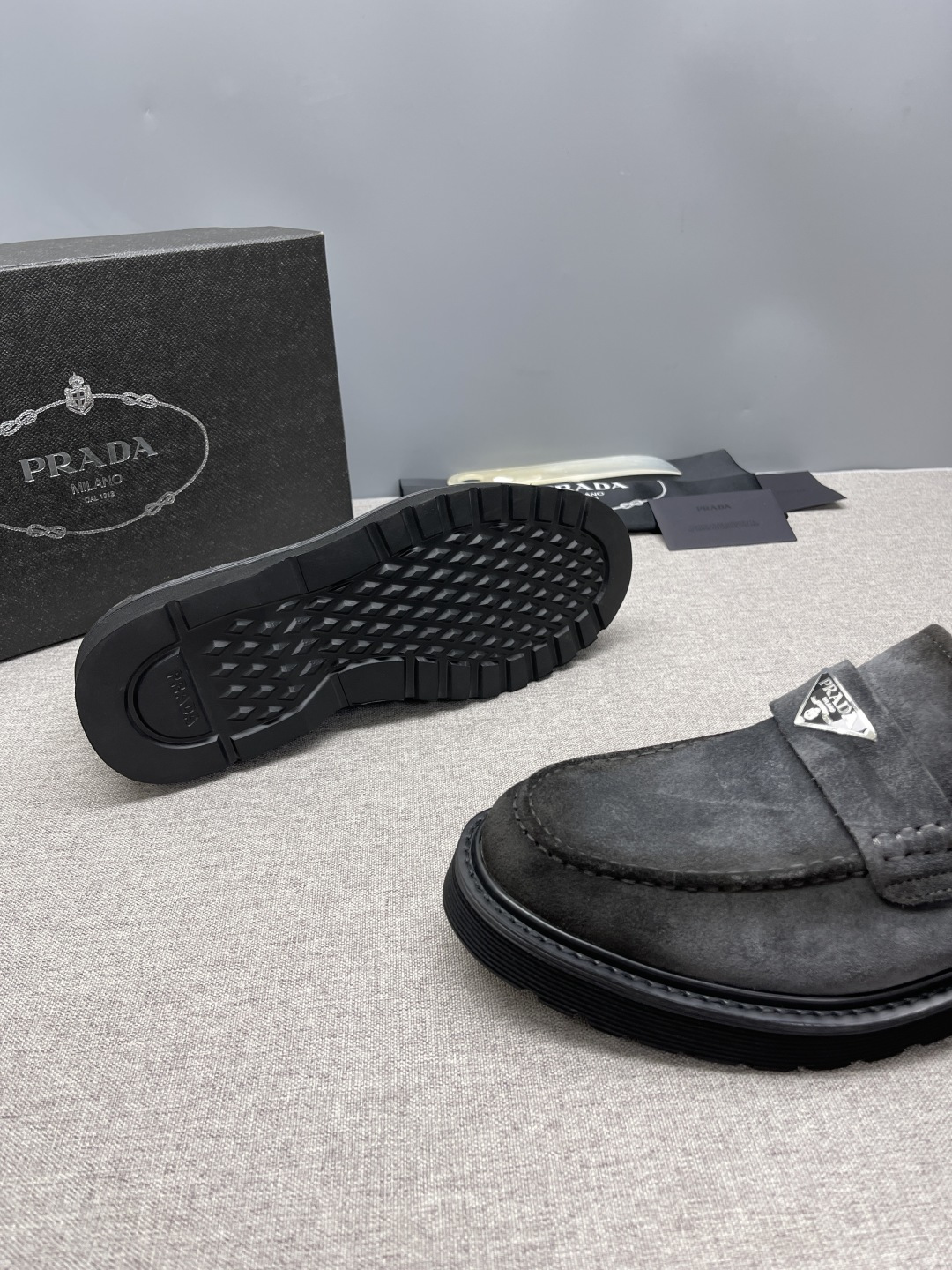 Prada Triangle Metal Logo Leather Derby Shoes For Men - Image 6