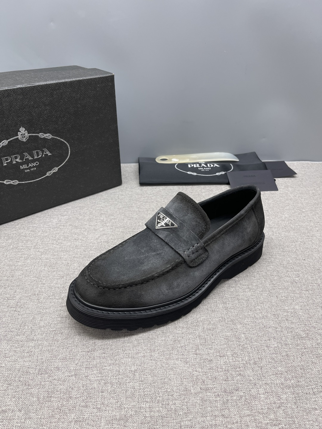 Prada Triangle Metal Logo Leather Derby Shoes For Men - Image 9