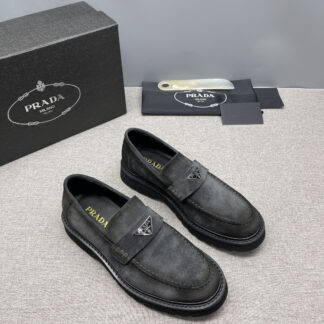 Prada Triangle Metal Logo Leather Derby Shoes For Men