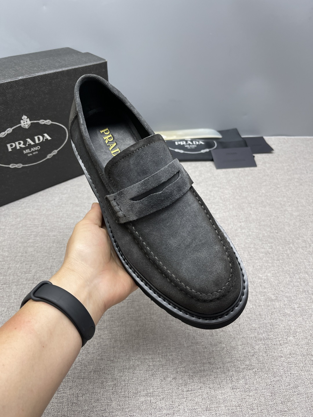 Prada Triangle Metal Logo Leather Derby Shoes For Men - Image 5