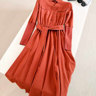 Loro Piana 26S Vintage Coral Red Belted Cotton Linen Dress