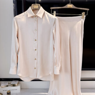 Loro Piana 26S Pink Silk Shirt + Midi Skirt Set