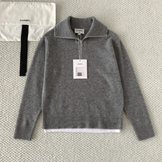 Chanel 26P Grey Half-Zip Faux Two-Piece Knit Sweater