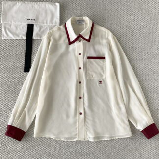 Chanel 26P Beige Silk Long-Sleeve Shirt with Red Logo