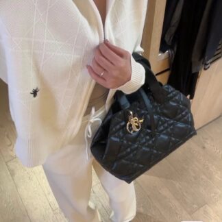 Dior 2025 Fall Winter New Arrival Bee Embroidery Diamond Pattern Navy Cardigan Long Sleeve + Long Pants Set