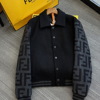 Fendi Men Wool Bomber Jacket FF Print Black