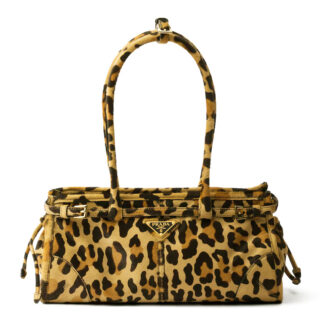 Prada Leopard Print Leather Medium Handbag 1BA426 Coffee