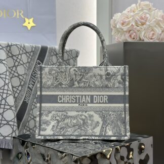 Dior Book Tote Small Embroidered Grey Tiger