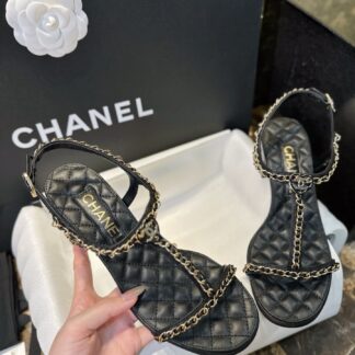 Chanel 25C Black Love Heart Chain Chunky Heel Sandals For Women