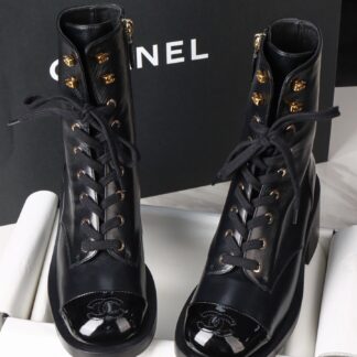 Chanel 25A Black Patent Martin Boots For Women