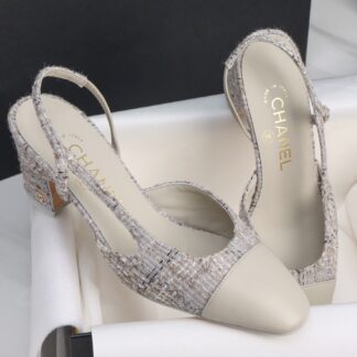 Chanel 25B Gold Thread Tweed High Heel Slingback For Women