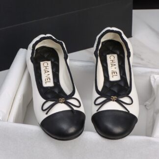 Chanel 25C Black White Bow Ruffle Ballet Flats For Women